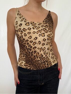 Leopard Print Slim Cami Tank Top - Brown